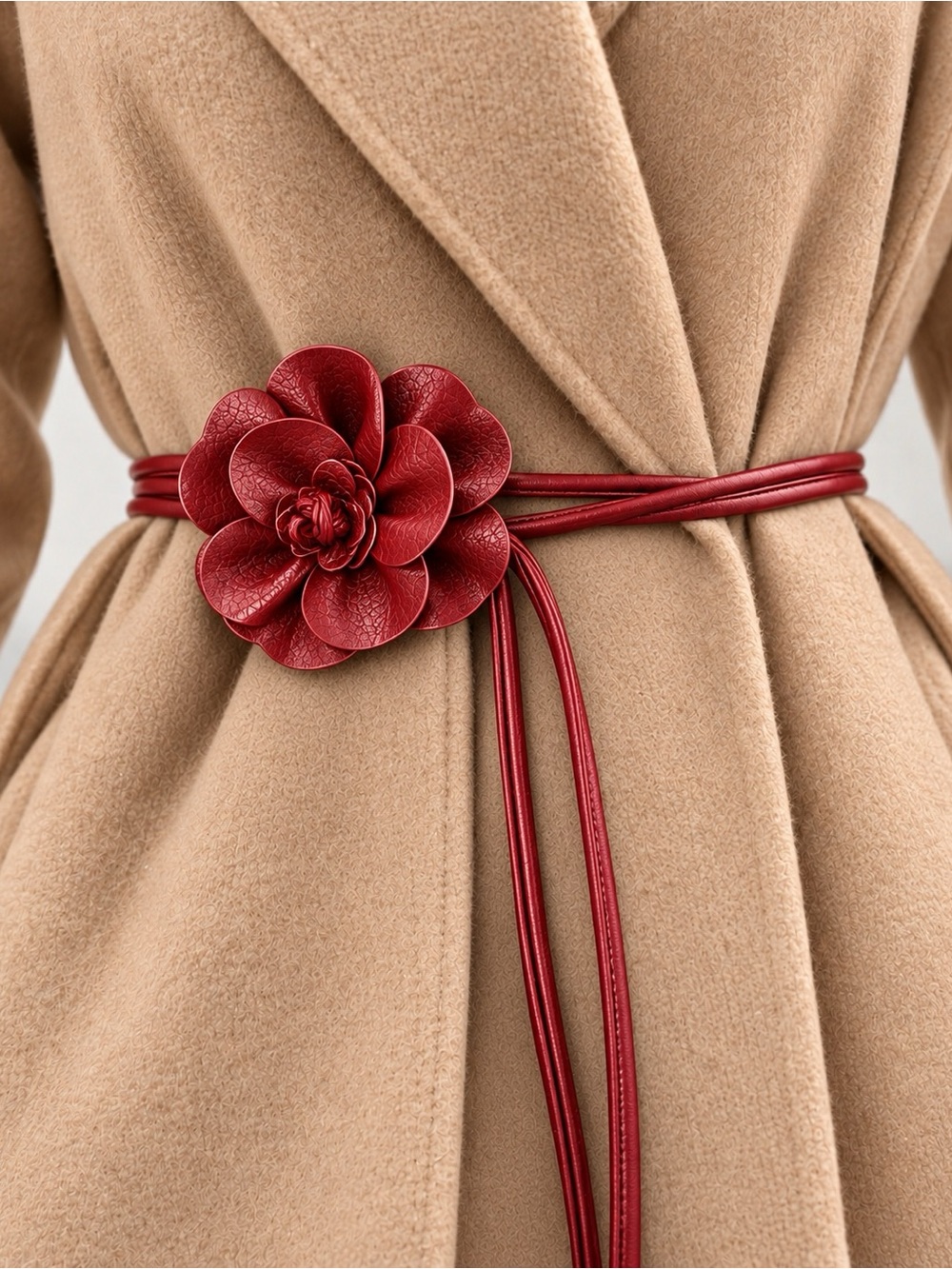 Italian Luxury Boutique Vegan Leather Flower Belt Waist Tie Statement Ruby Red